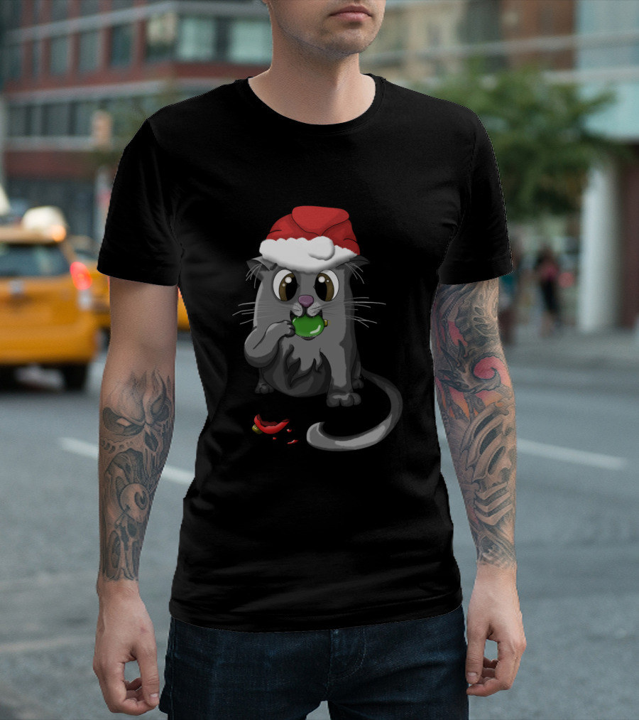 Christmas Kitty Cute Gray Cat Santa Hat Eating Chili Pepper T-Shirt