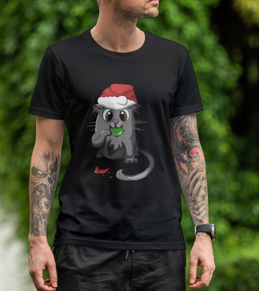 Christmas Kitty Cute Gray Cat Santa Hat Eating Chili Pepper T-Shirt