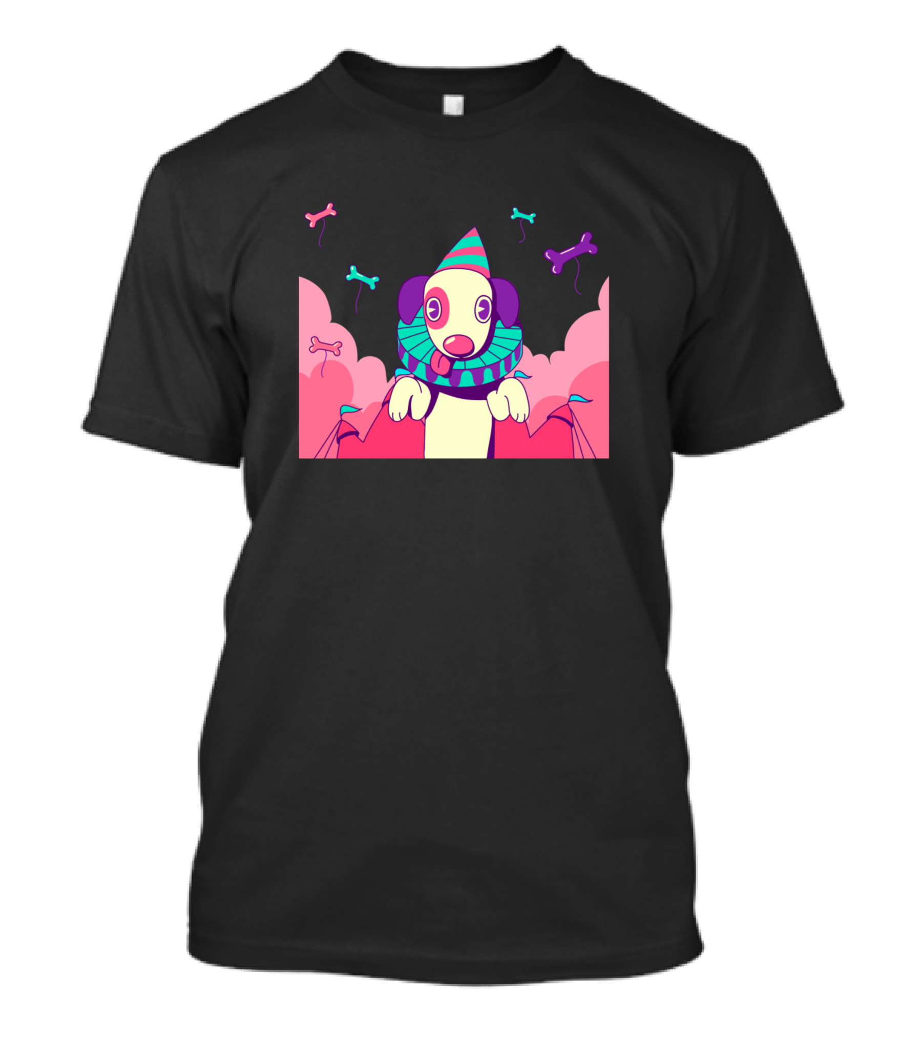 Cute Clown Dog With Colorful Hat And Bones In Pink Clouds T-Shirt