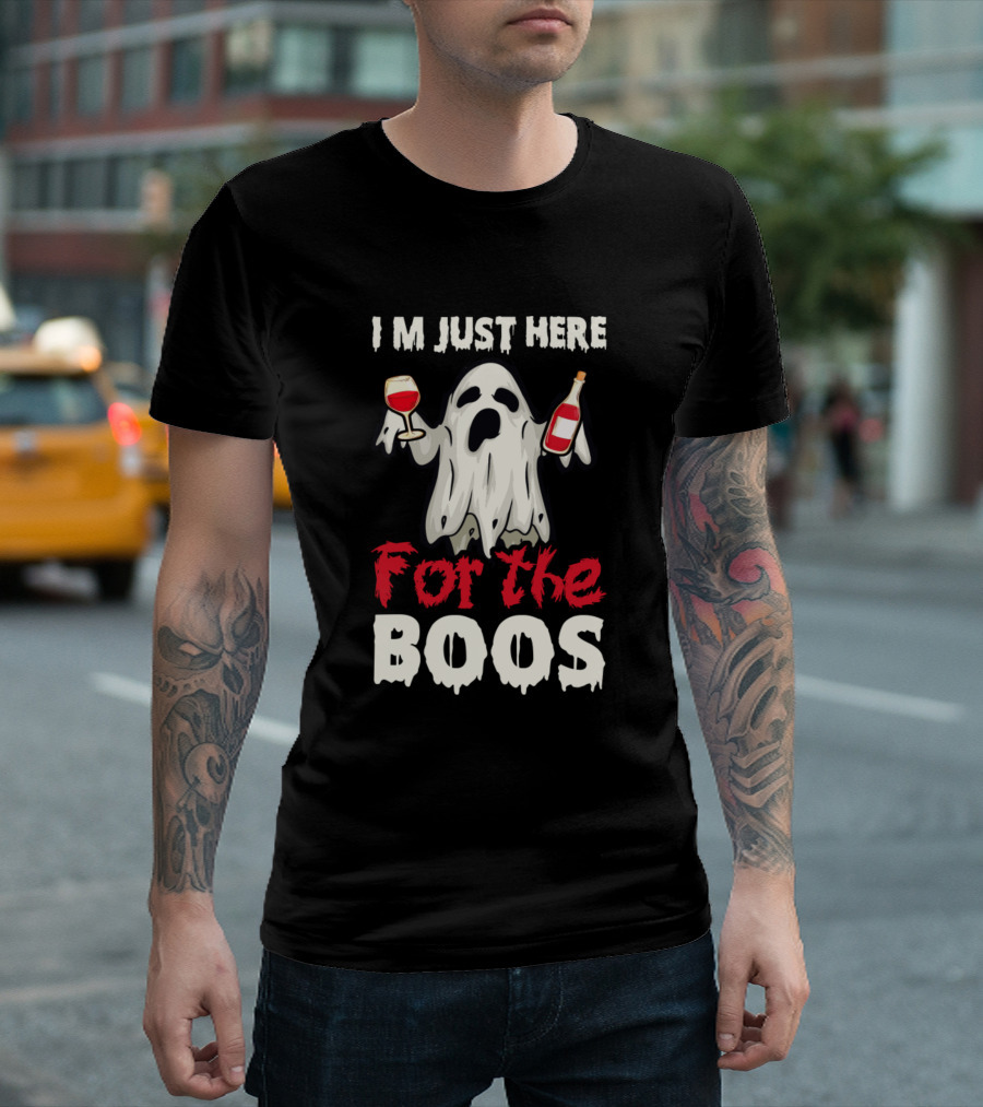 I'm Just Here For The Boos Ghost Holding Wine and Bottle T-Shirt