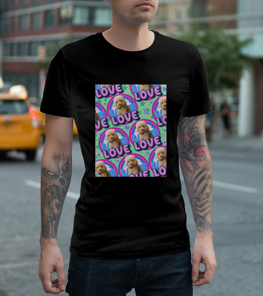 LOVE Puppy Pattern with Stars and Hearts T-Shirt