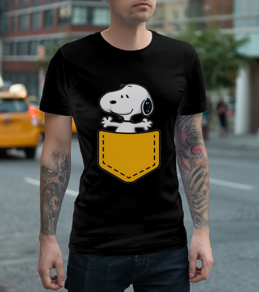 Snoopy Peeking From Yellow Pocket T-Shirt