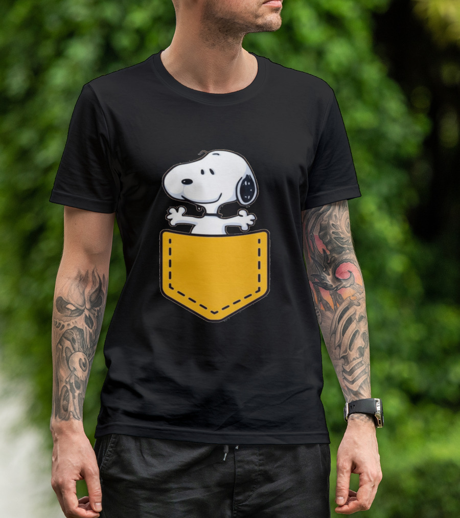 Snoopy Peeking From Yellow Pocket T-Shirt