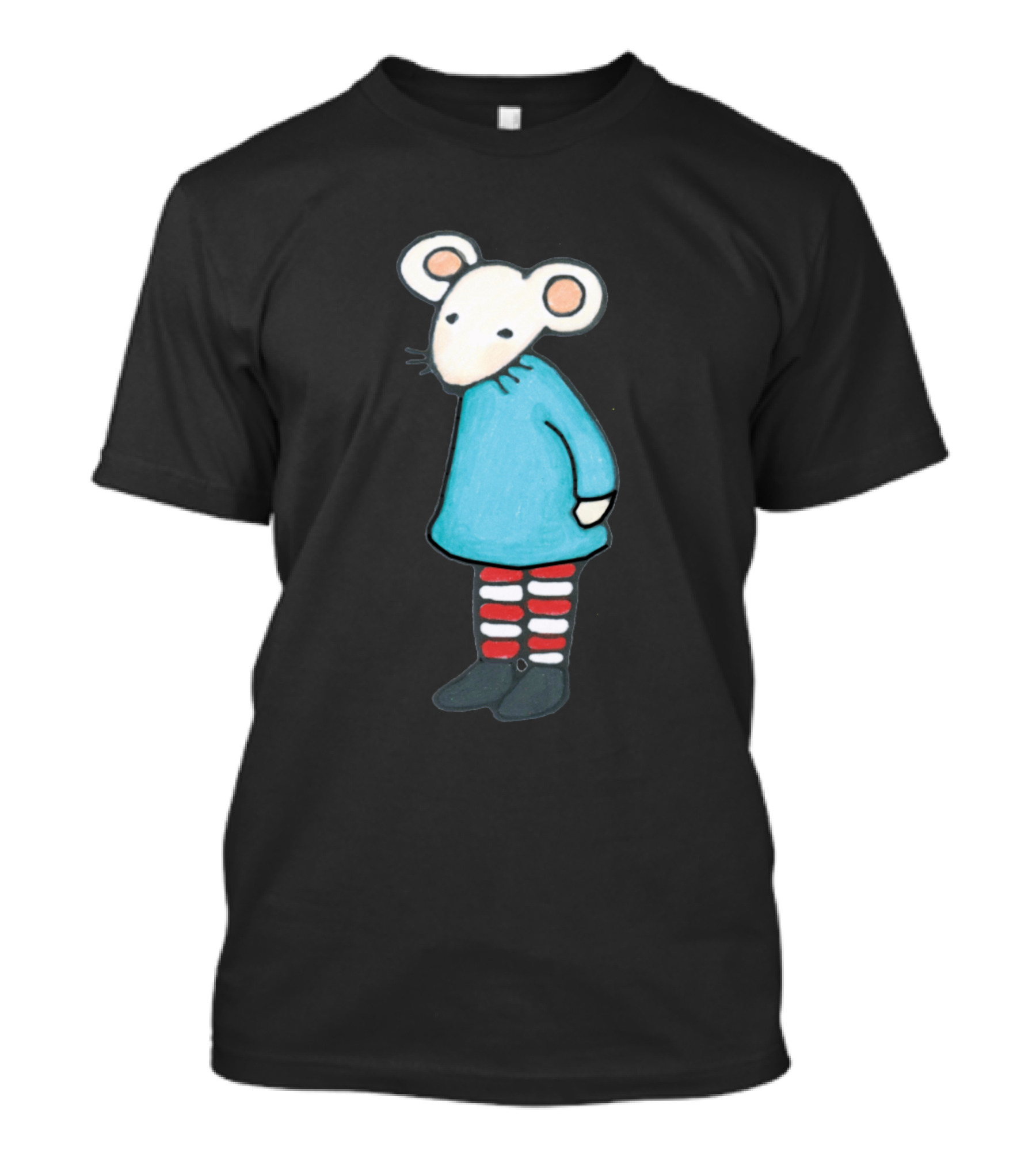 Sweet Girl Mouse Striped Socks And Blue Dress T-Shirt