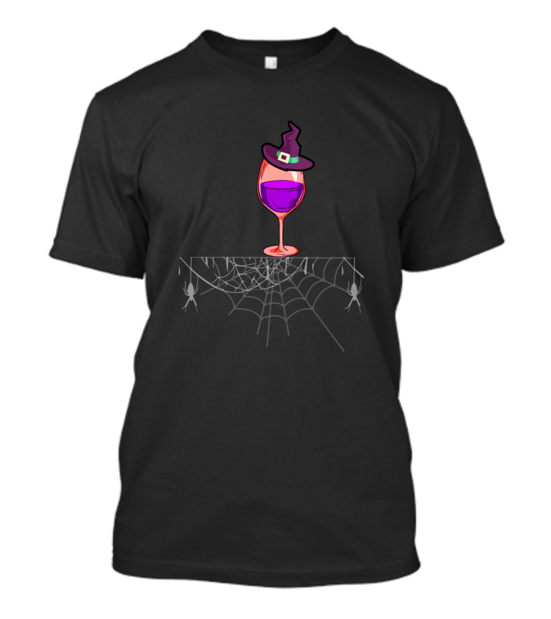 Vintage Halloween Witch Hat Wine Glass Purple Grape Spider Web T-Shirt