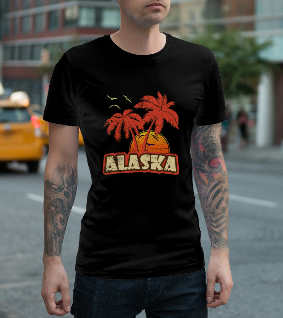 Alaska Tropical Sunset Vintage Palms and Birds T-Shirt