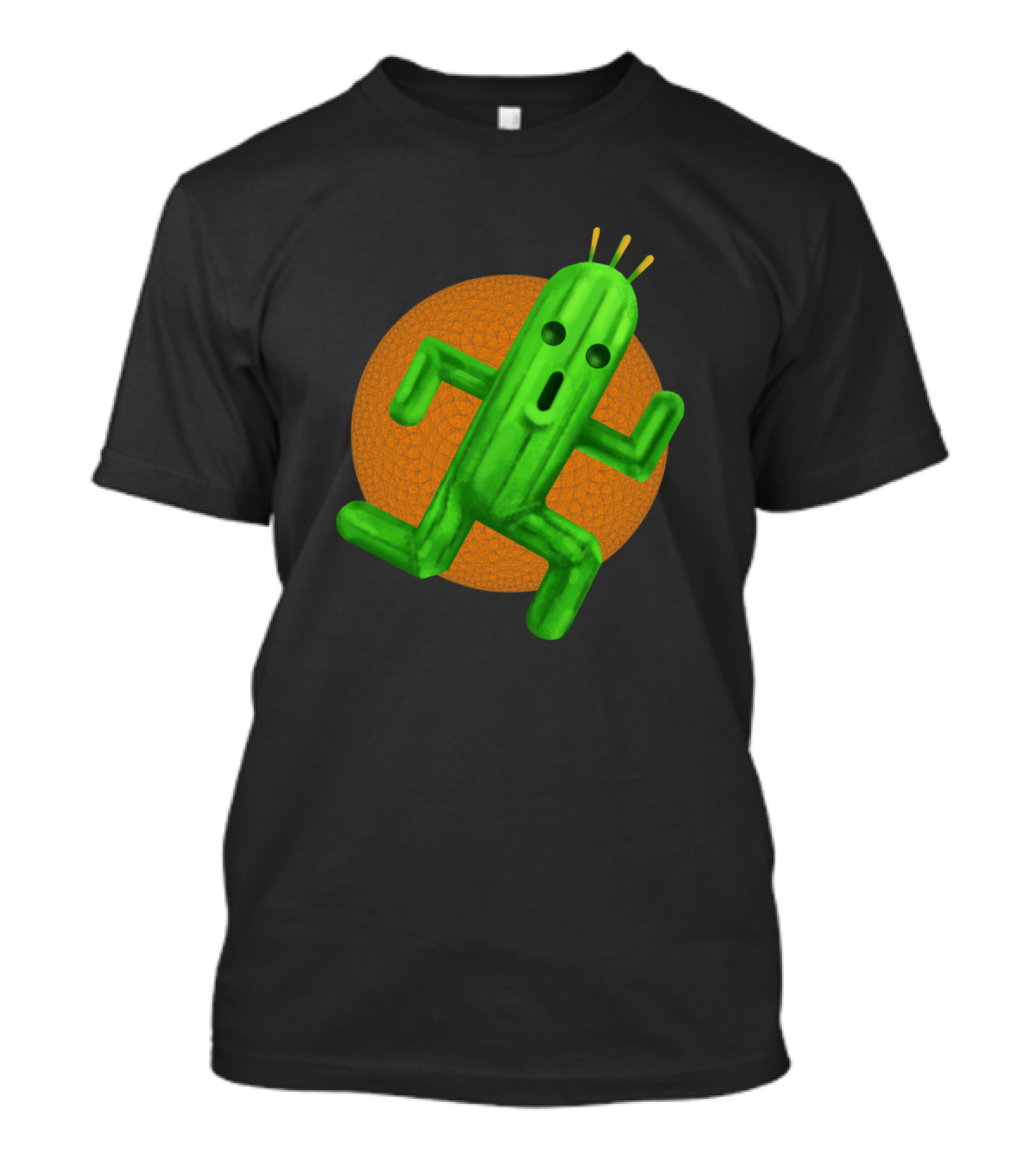 Cactuar Final Fantasy Running Character With Orange Geometric Circle Background T-Shirt