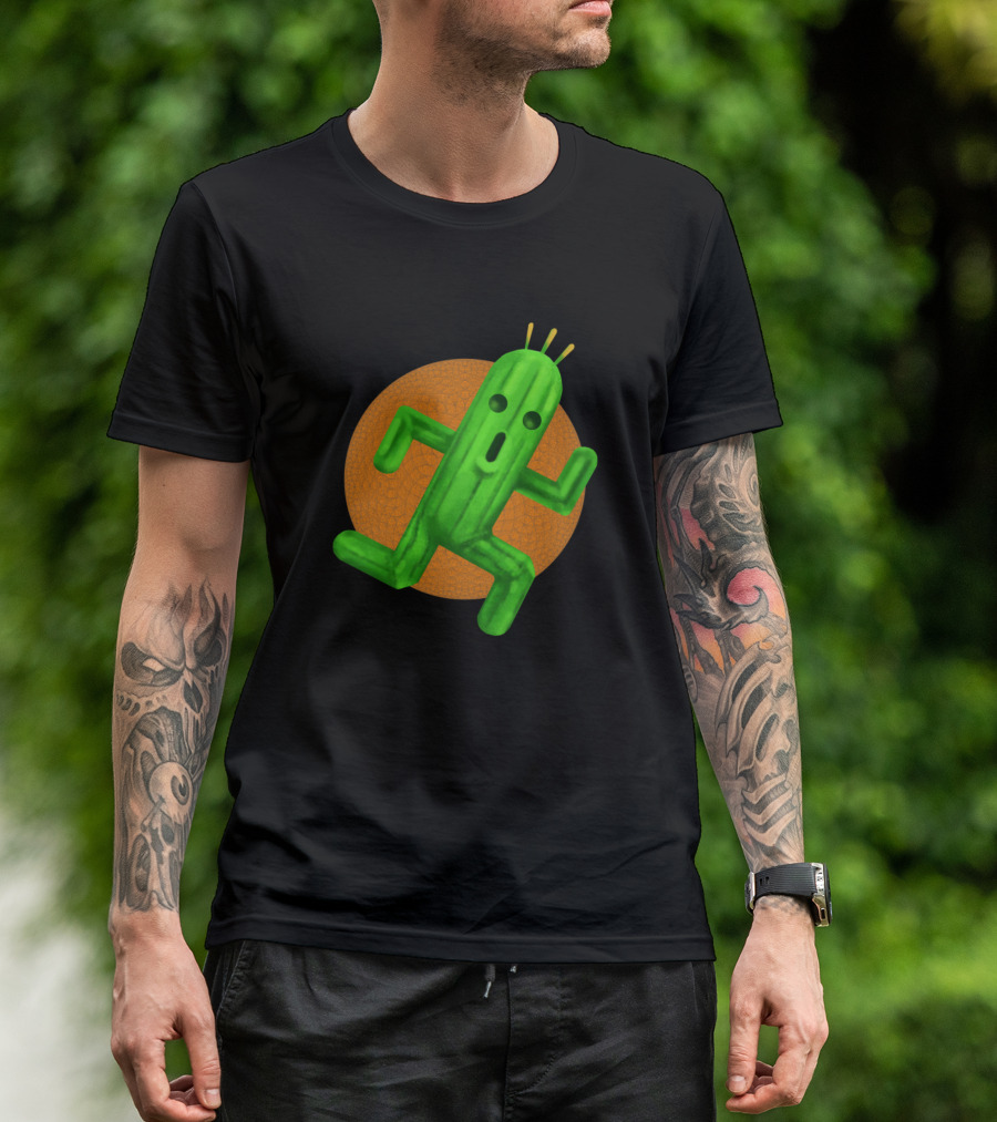 Cactuar Final Fantasy Running Character With Orange Geometric Circle Background T-Shirt
