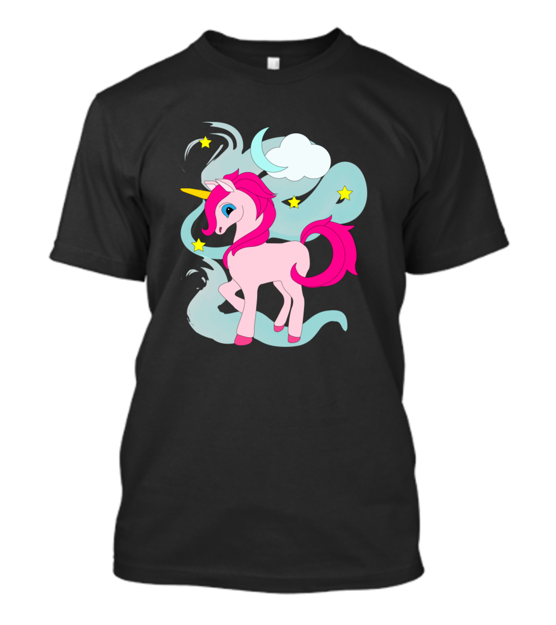 Cute Pink Unicorn With Soft Blue Clouds And Yellow Stars Magic T-Shirt