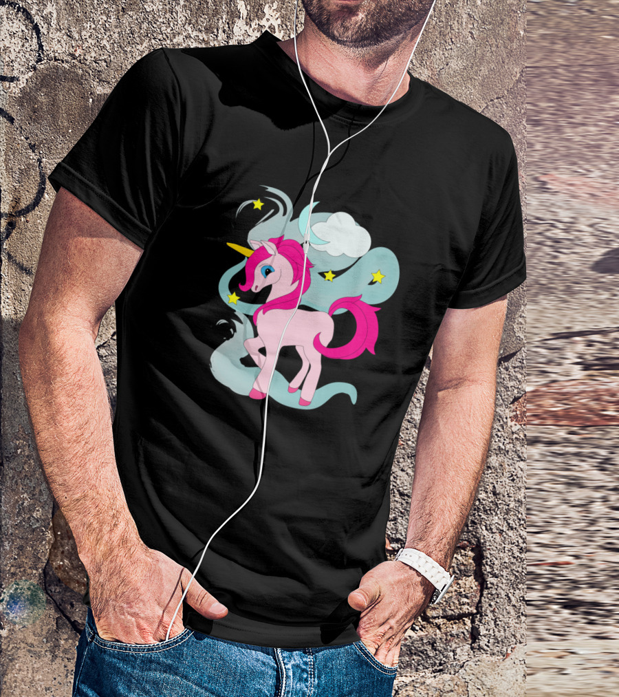 Cute Pink Unicorn With Soft Blue Clouds And Yellow Stars Magic T-Shirt