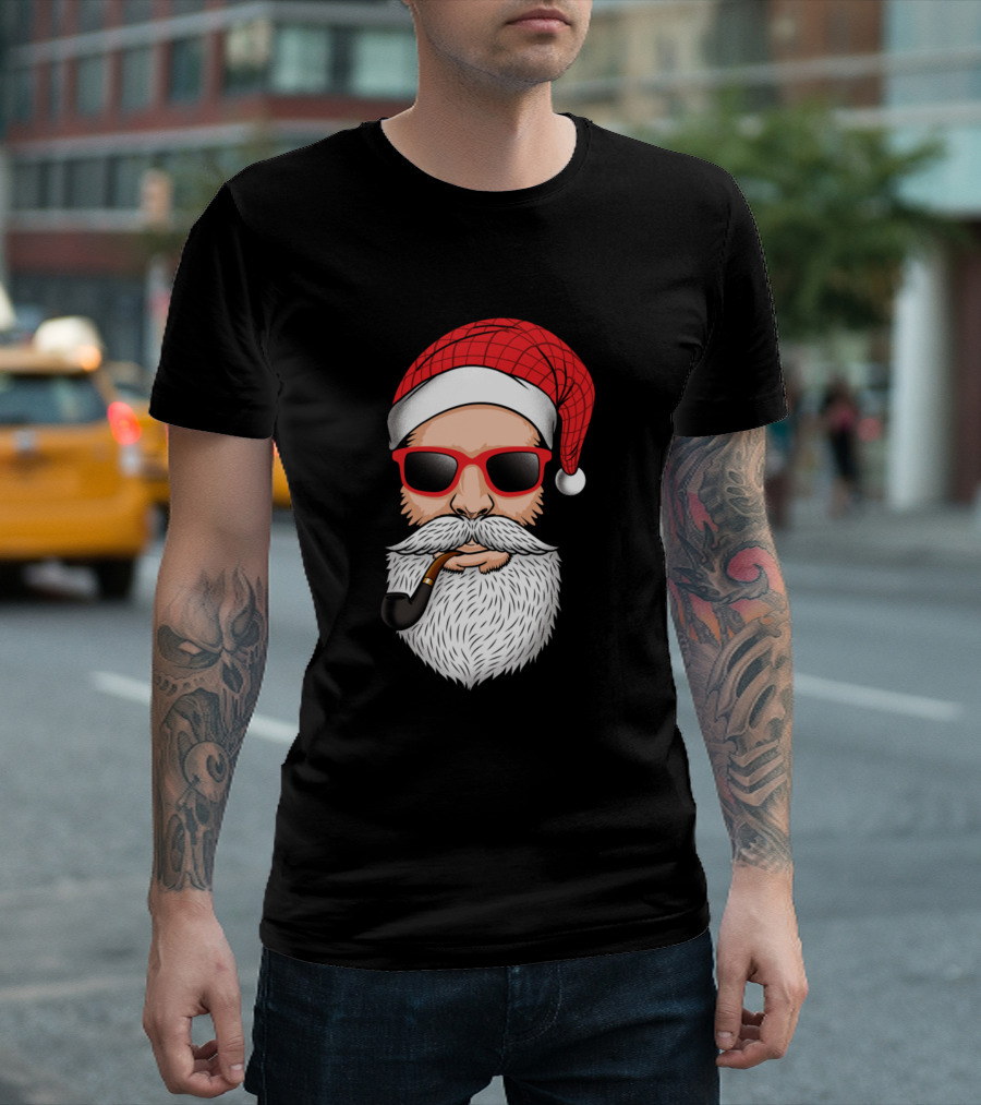 Santa With Red Hat Beard Glasses And Pipe T-Shirt
