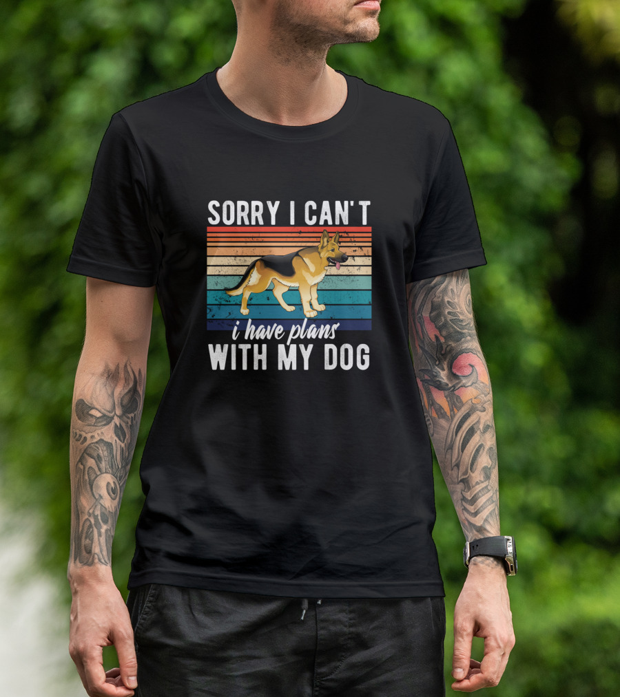 Sorry I Can't I Have Plans With My Dog German Shepherd Retro Stripes T-Shirt