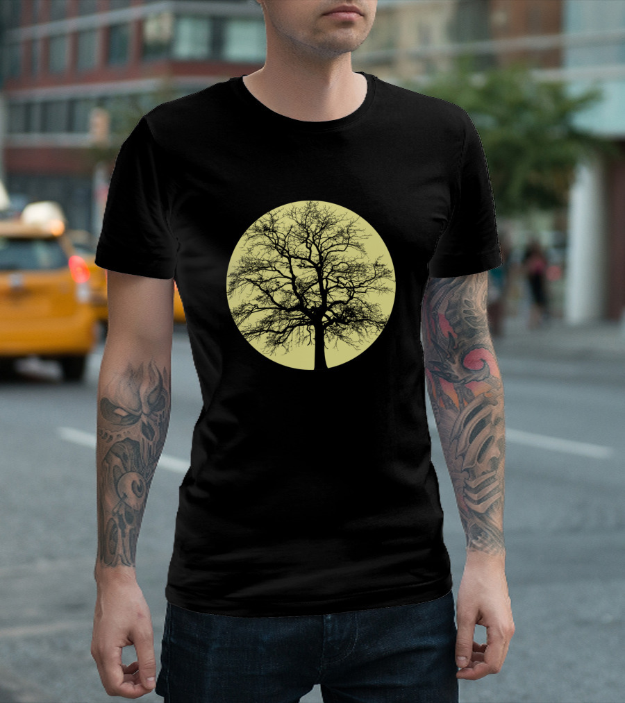 Tree Silhouette Against Yellow Moon Circle T-Shirt