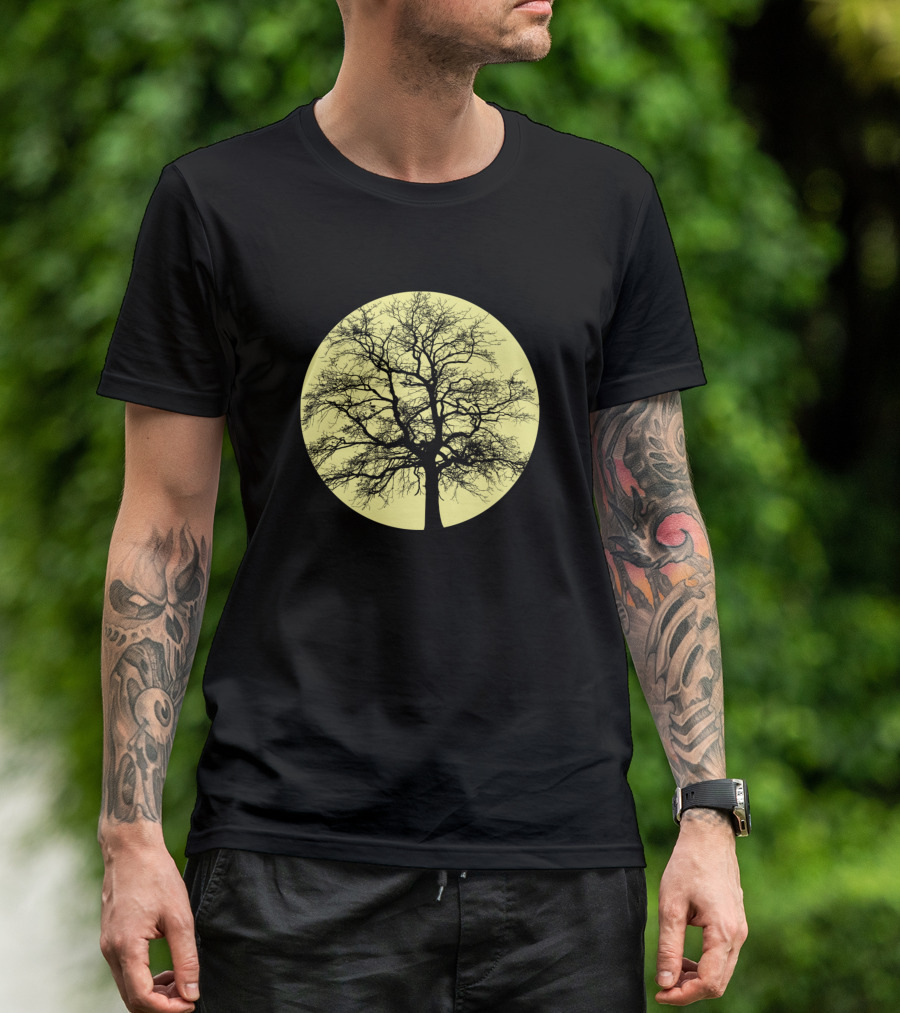 Tree Silhouette Against Yellow Moon Circle T-Shirt