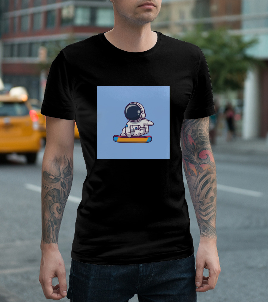 Astronaut Surfing on Colorful Board Moon Adventure T-Shirt