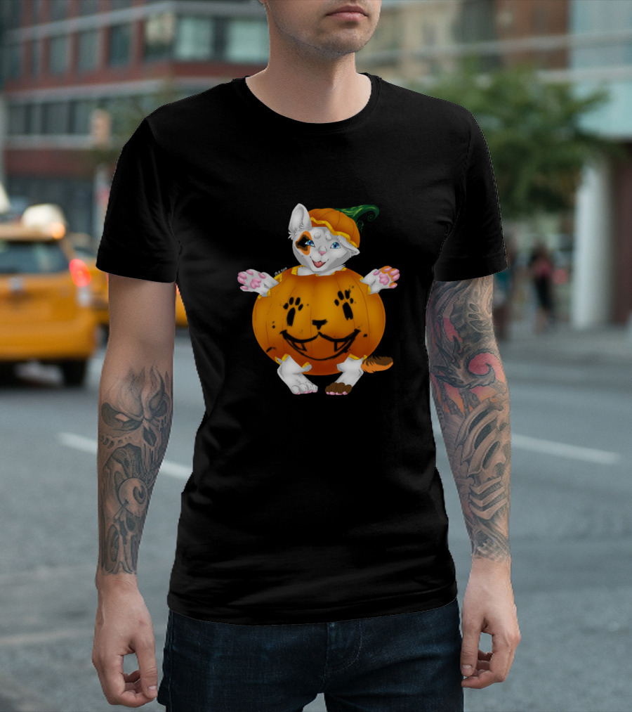 Halloween Kitten In Pumpkin Costume Cat Munkin Kitty T-Shirt