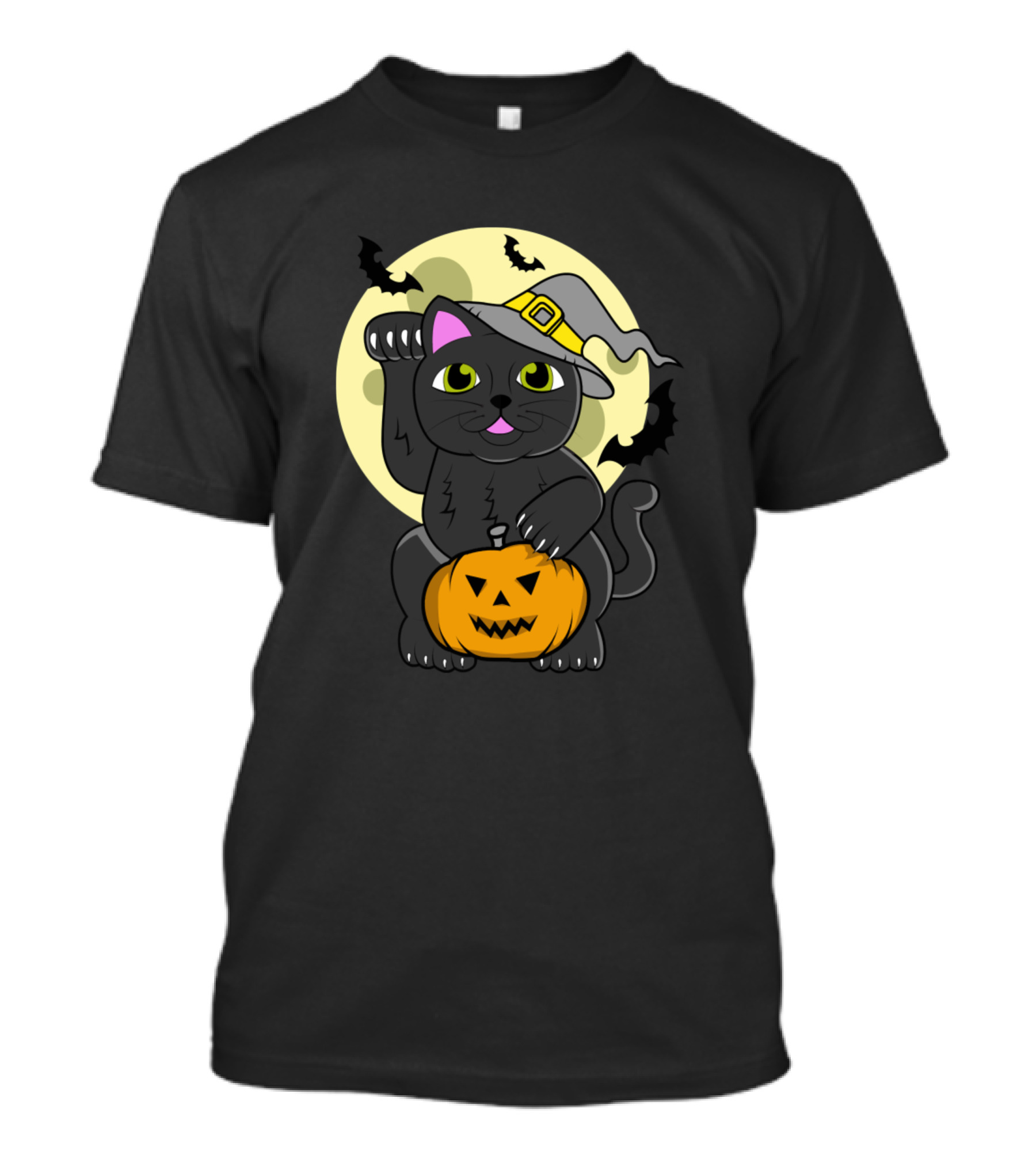 Cats Halloween Black Cat With Pumpkin Witch Hat Moon Bats Funny Cat T-Shirt