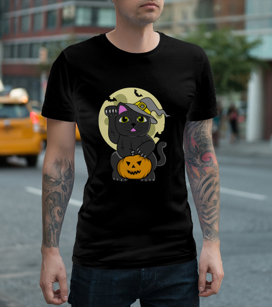 Cats Halloween Black Cat With Pumpkin Witch Hat Moon Bats Funny Cat T-Shirt