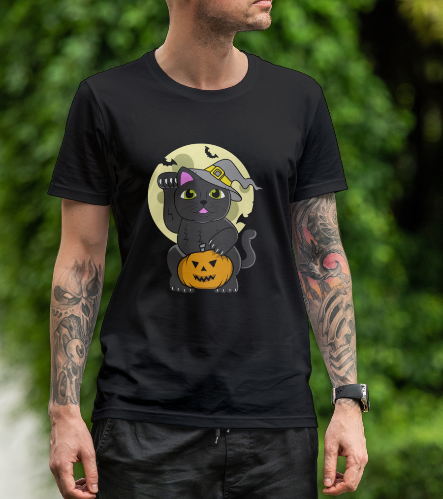 Cats Halloween Black Cat With Pumpkin Witch Hat Moon Bats Funny Cat T-Shirt