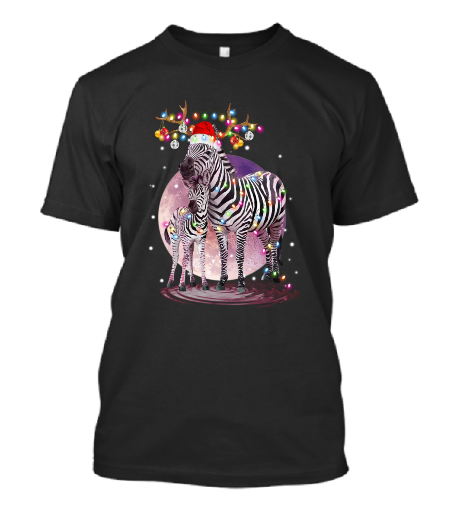 Christmas Zebras Santa Hat Lights Snow Moon T-Shirt