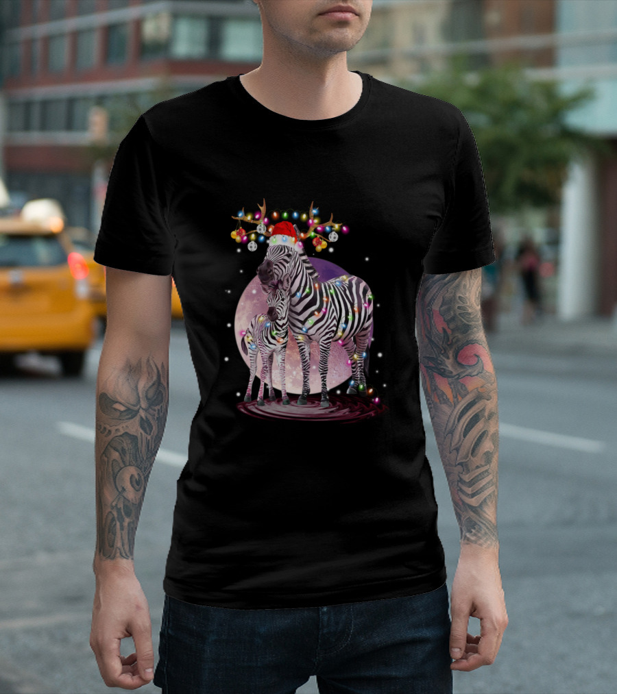 Christmas Zebras Santa Hat Lights Snow Moon T-Shirt