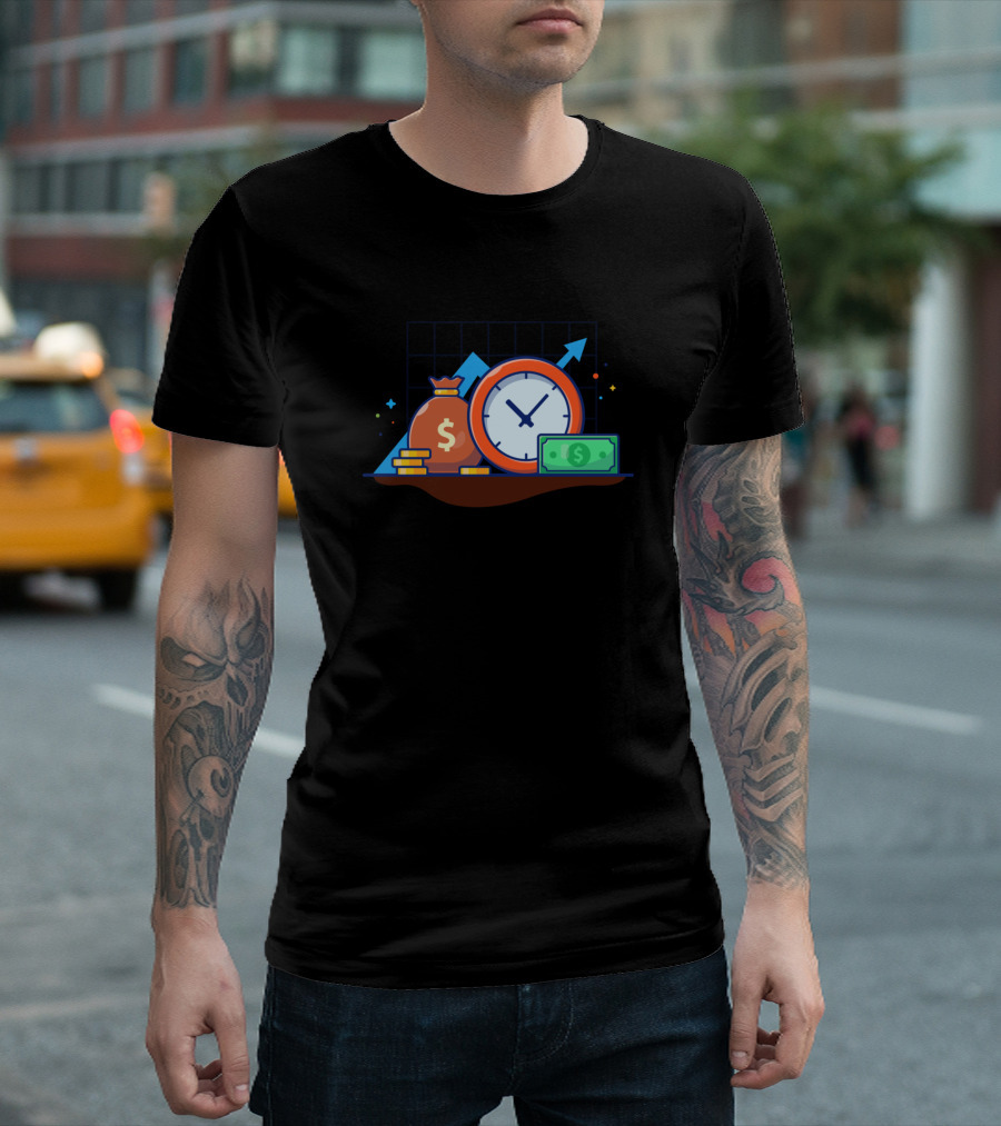 Stack Of Coin Sack Of Money Cartoon Clock Arrow T-Shirt