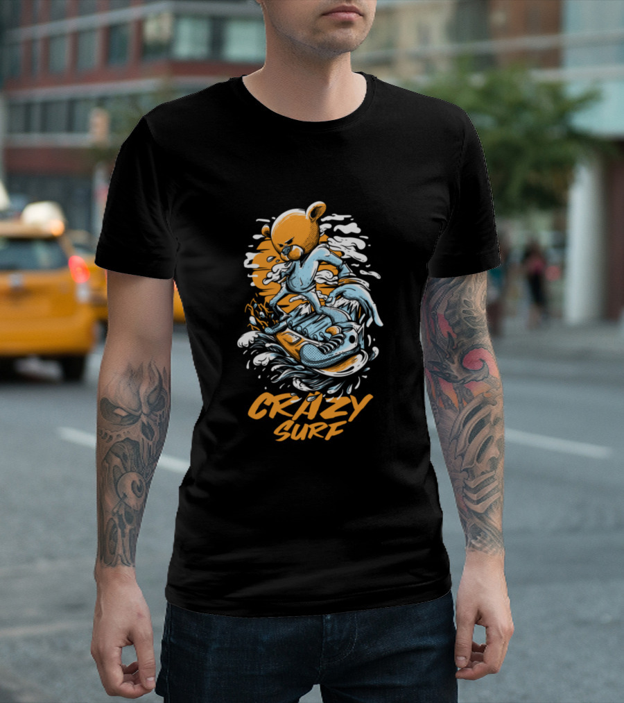 CRAZY SURF BEAR RIDING WAVES IN SPACE T-Shirt