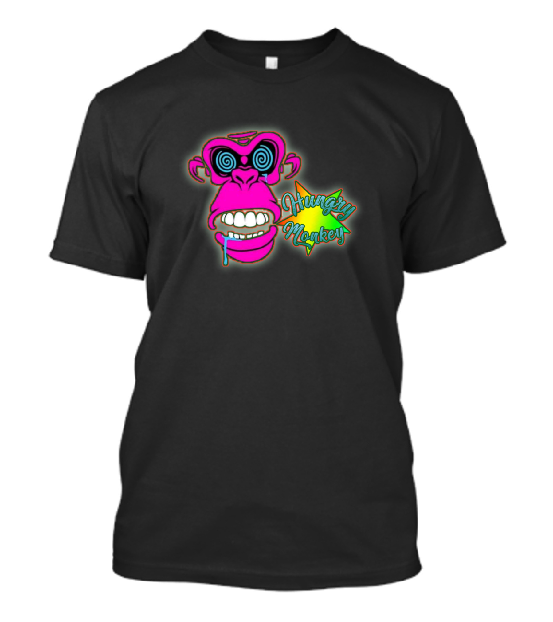 Hungry Monkey Vibrant Neon Pink Ape With Swirled Glasses And Star Burst Background T-Shirt