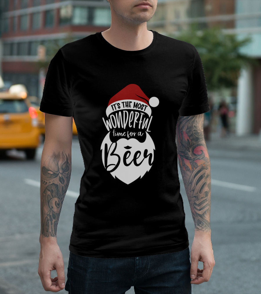 It's The Most Wonderful Time For A Beer Santa Hat Holiday Beer Beard T-Shirt