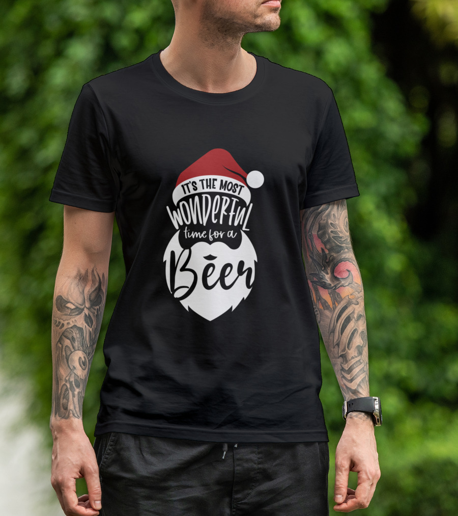 It's The Most Wonderful Time For A Beer Santa Hat Holiday Beer Beard T-Shirt