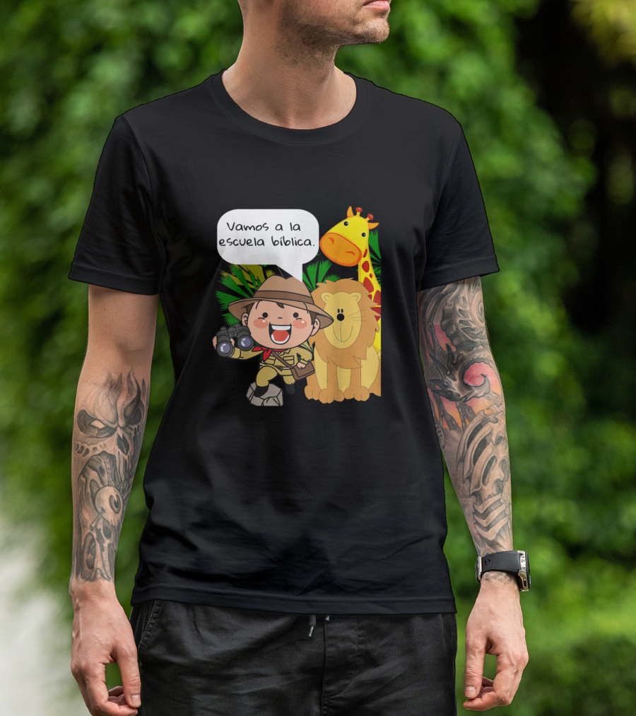 Vamos A La Escuela Bíblica Misionero Explorador Con Jirafa Y León T-Shirt