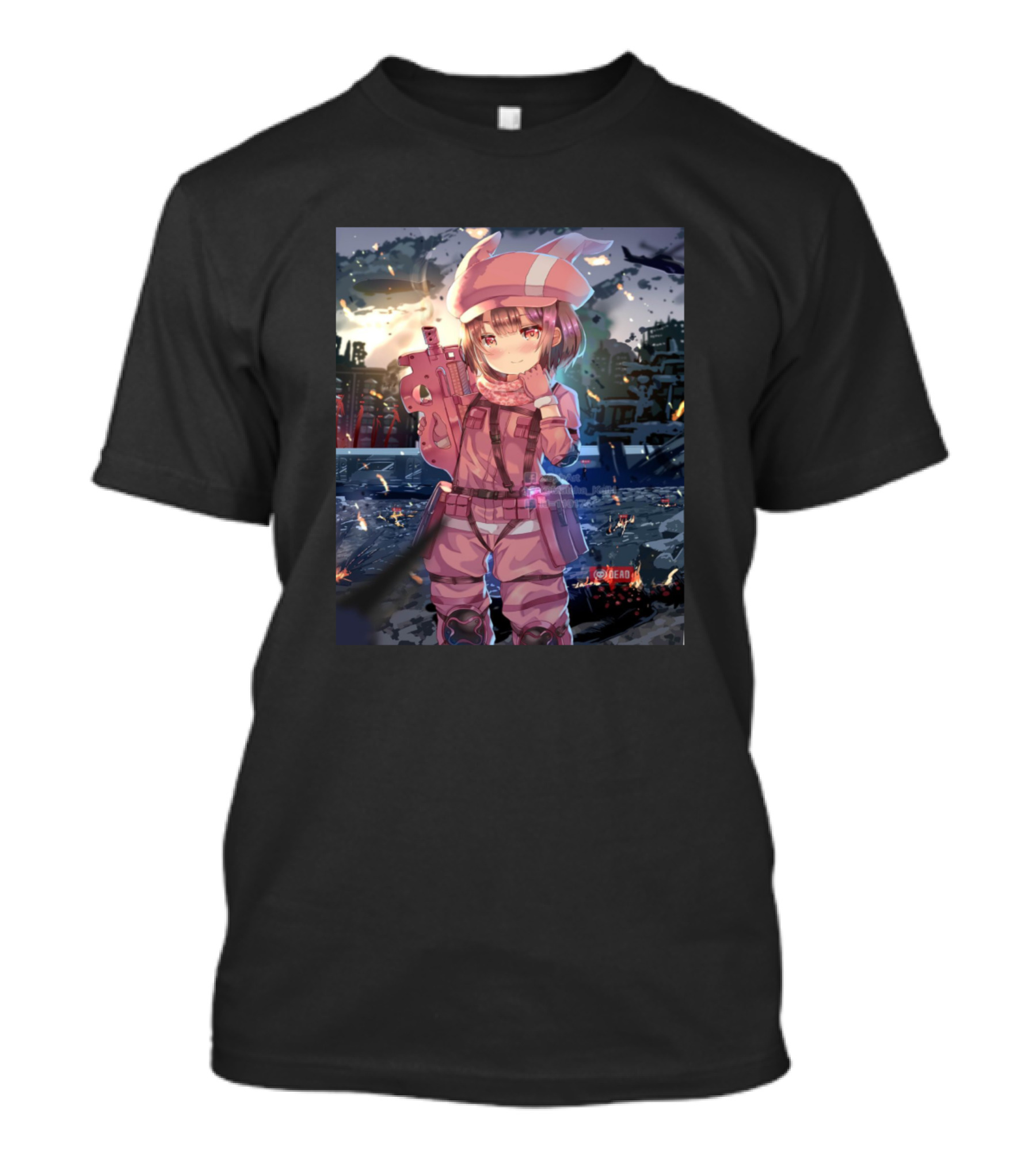 Llenn Gun Gale Online Cute Warrior In Pink Combat Outfit With Futuristic Cityscape Background T-Shirt