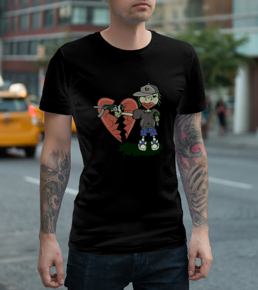Moon Broken Heart Cartoon Character with Gun and Cap T-Shirt