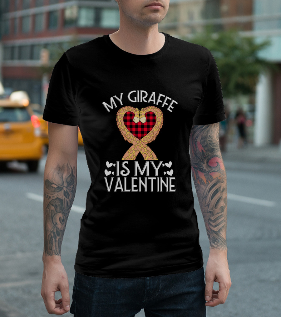 My Giraffe Is My Valentine Red Plaid Heart T-Shirt