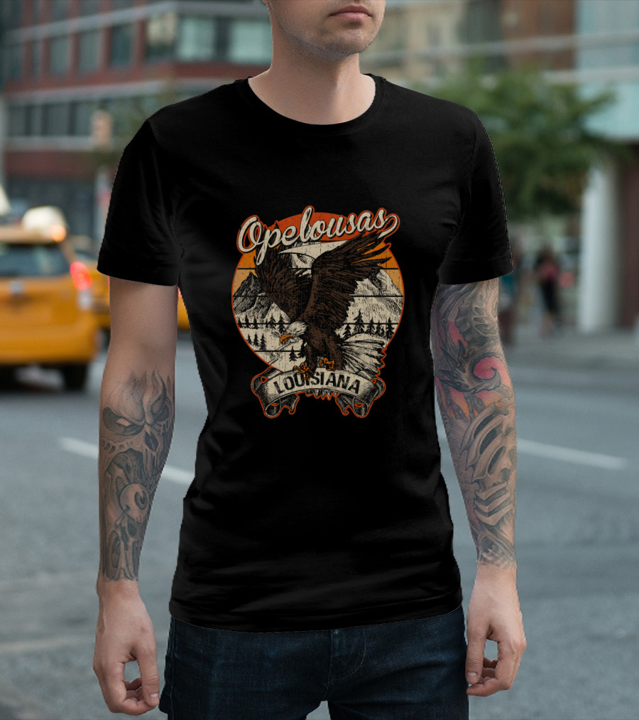 Opelousas Louisiana Bald Eagle Vintage Retro Aesthetic with Mountain Scene T-Shirt