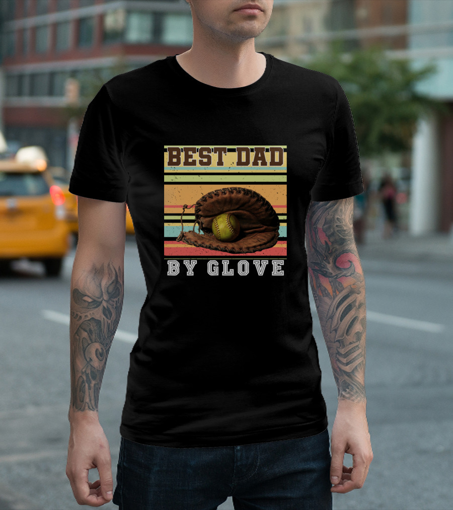 Best Dad By Glove Softball Retro Stripes T-Shirt