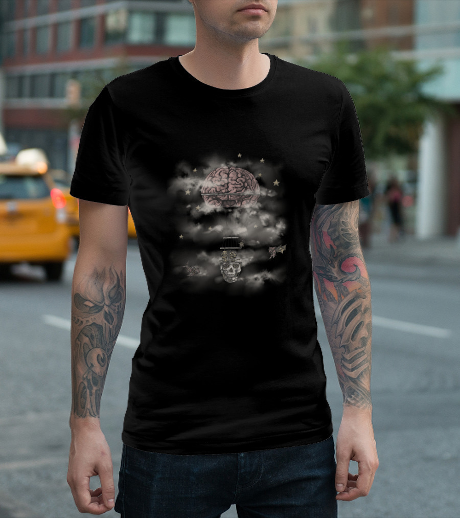 Wandering Mind Brain Balloon Skull in Clouds and Stars T-Shirt