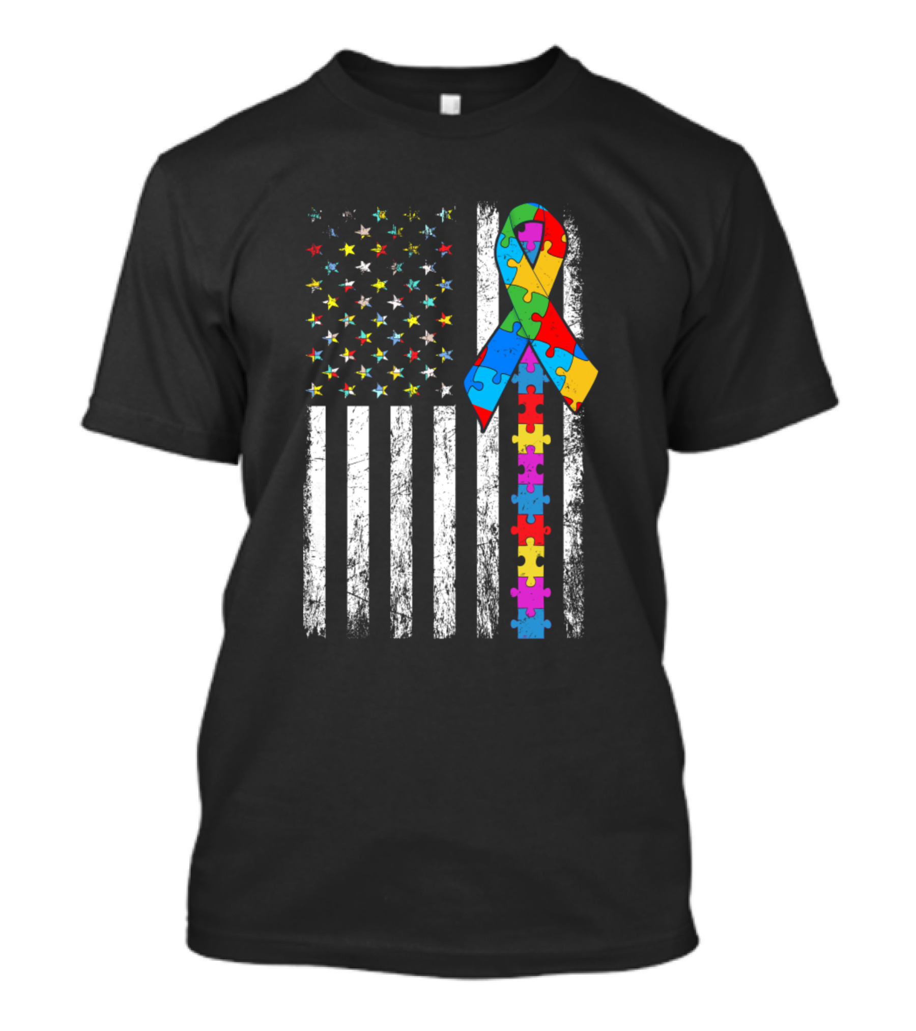 Autism Awareness Day Distressed American Flag Puzzle T-Shirt