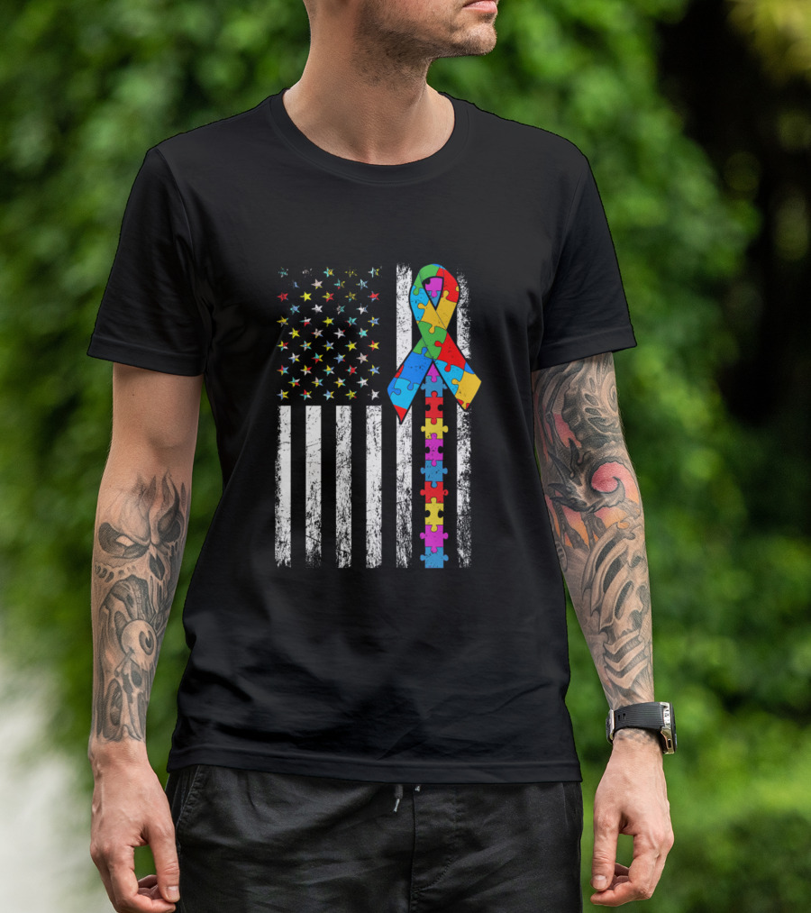 Autism Awareness Day Distressed American Flag Puzzle T-Shirt