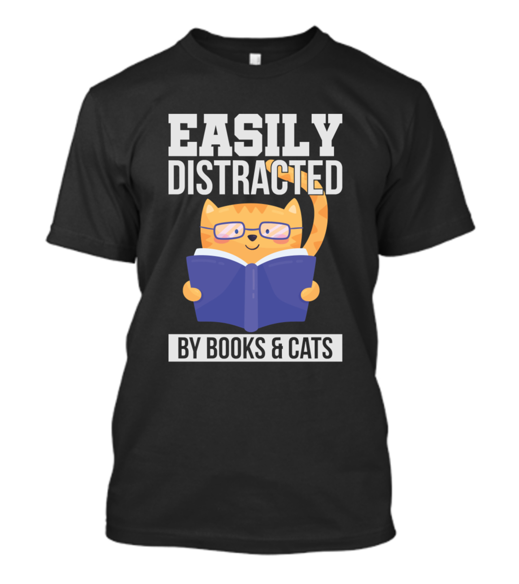 Easily Distracted By Books And Cats Funny Cat Reading Glasses T-Shirt