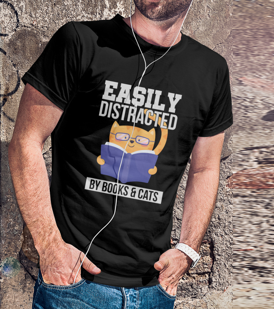 Easily Distracted By Books And Cats Funny Cat Reading Glasses T-Shirt