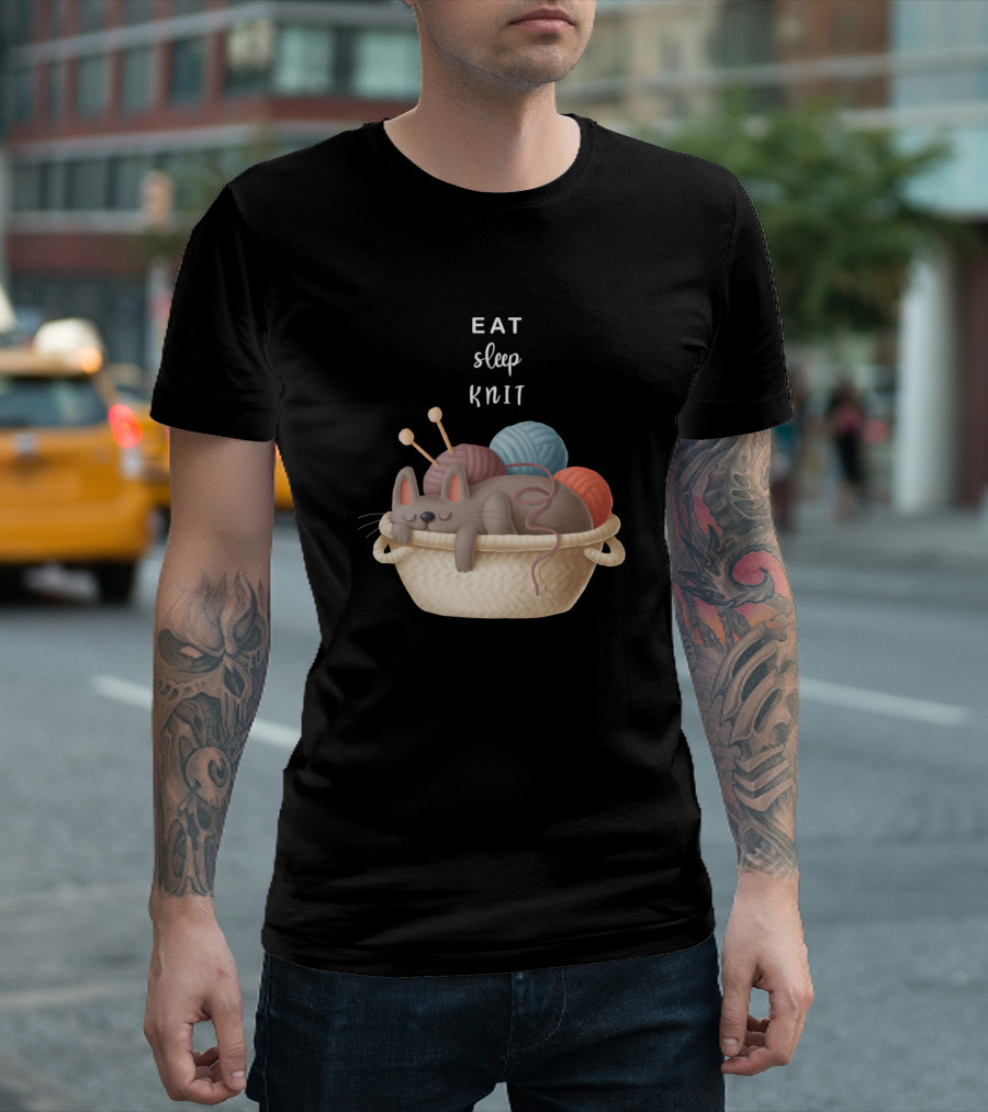 Eat Sleep Knit Funny Cat Cozy Yarn Basket T-Shirt