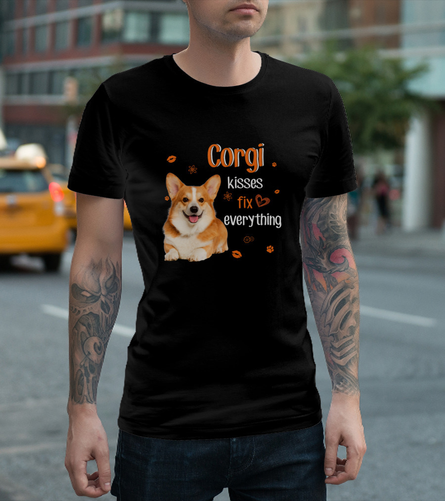 Corgi Kisses Fix Everything For Corgi Lover With Paw Print And Heart T-Shirt