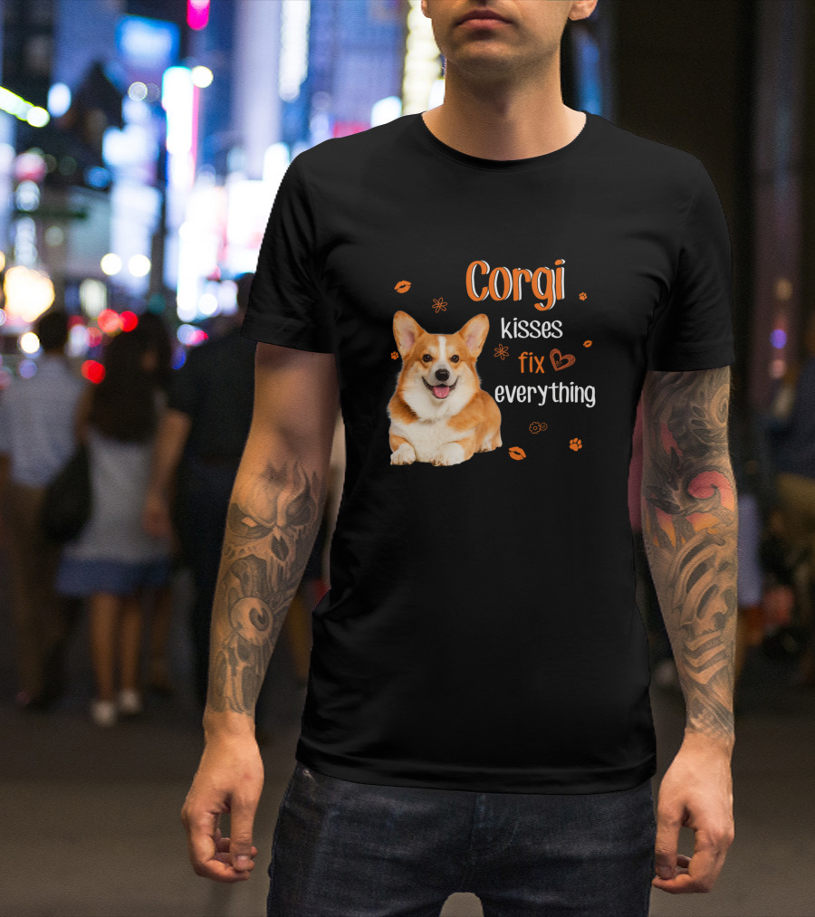 Corgi Kisses Fix Everything For Corgi Lover With Paw Print And Heart T-Shirt