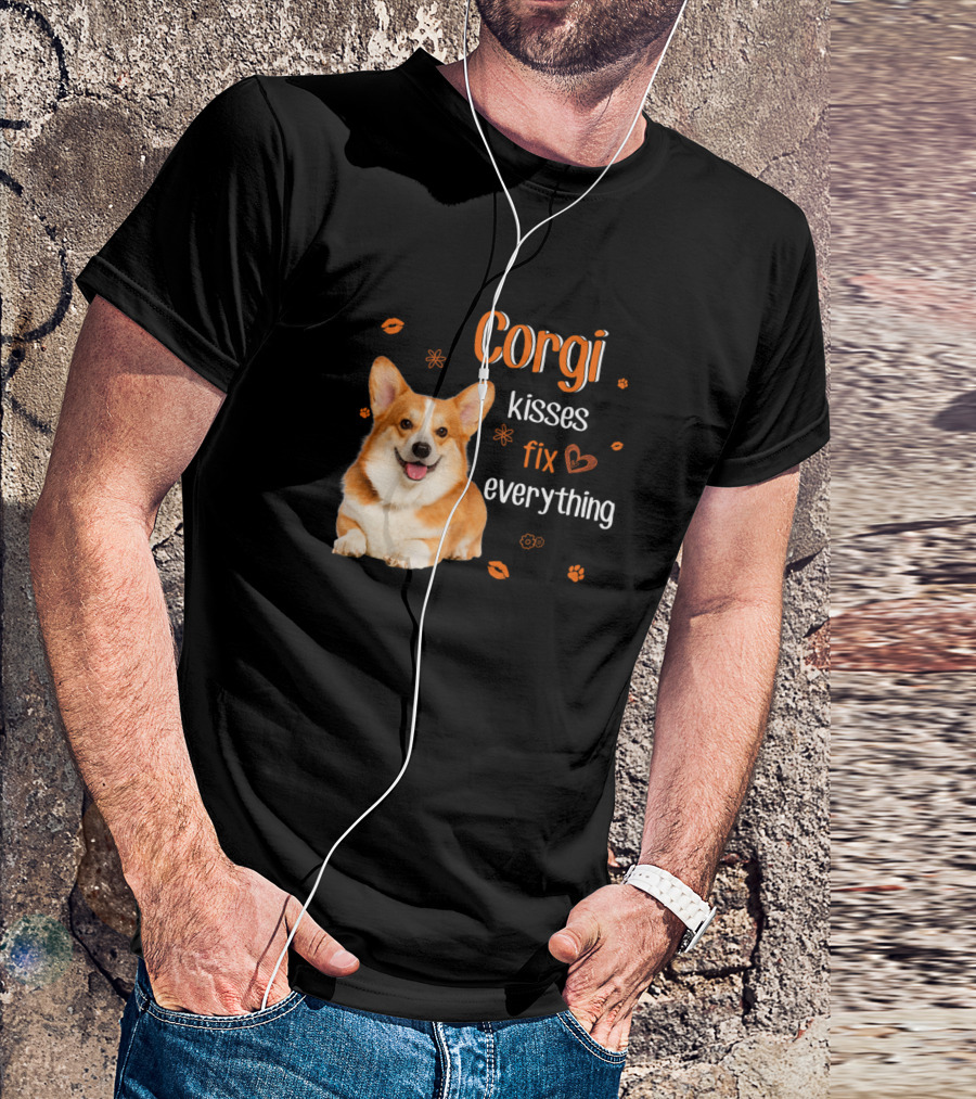 Corgi Kisses Fix Everything For Corgi Lover With Paw Print And Heart T-Shirt