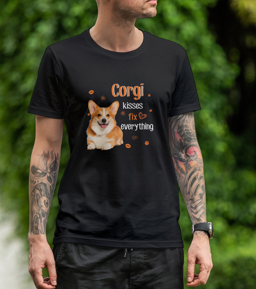Corgi Kisses Fix Everything For Corgi Lover With Paw Print And Heart T-Shirt