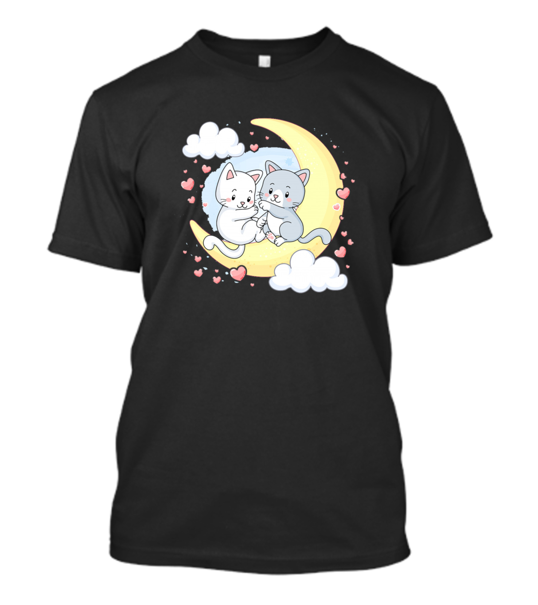 Cute Little Kittens Hugging On Crescent Moon With Hearts And Clouds Valentine T-Shirt