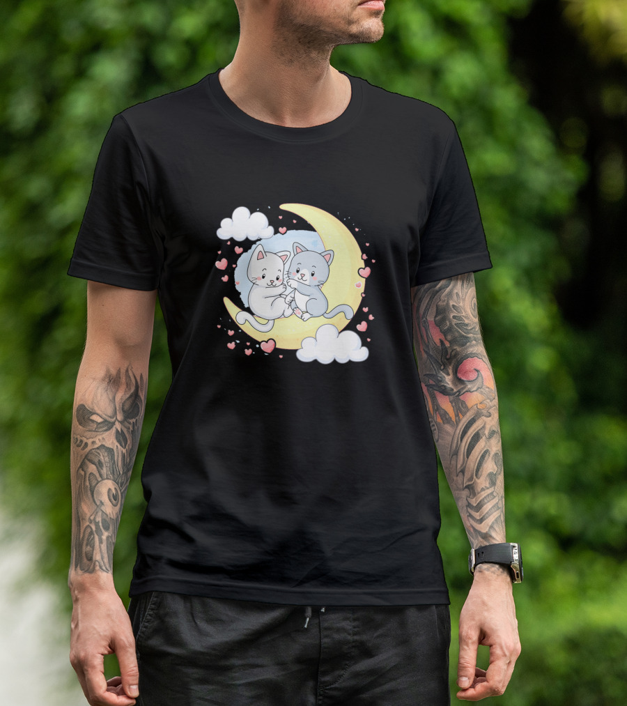 Cute Little Kittens Hugging On Crescent Moon With Hearts And Clouds Valentine T-Shirt