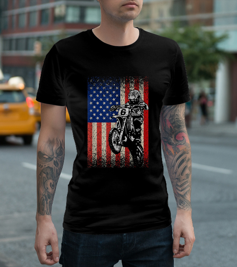 Dirt Bike Motocross Biker With American Flag Background T-Shirt