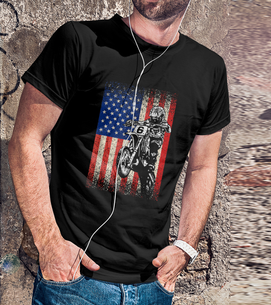 Dirt Bike Motocross Biker With American Flag Background T-Shirt